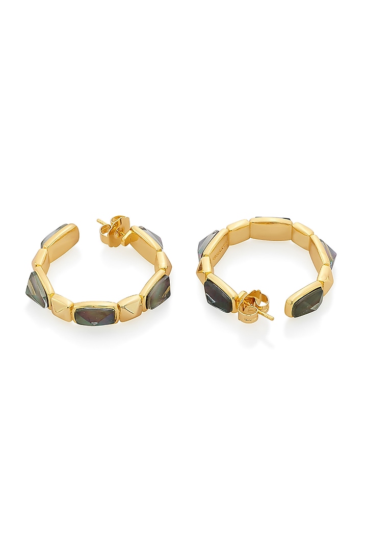 Gold Finish Black Mother Of Pearl Hoop Earrings by Isharya at Pernia's Pop Up Shop
