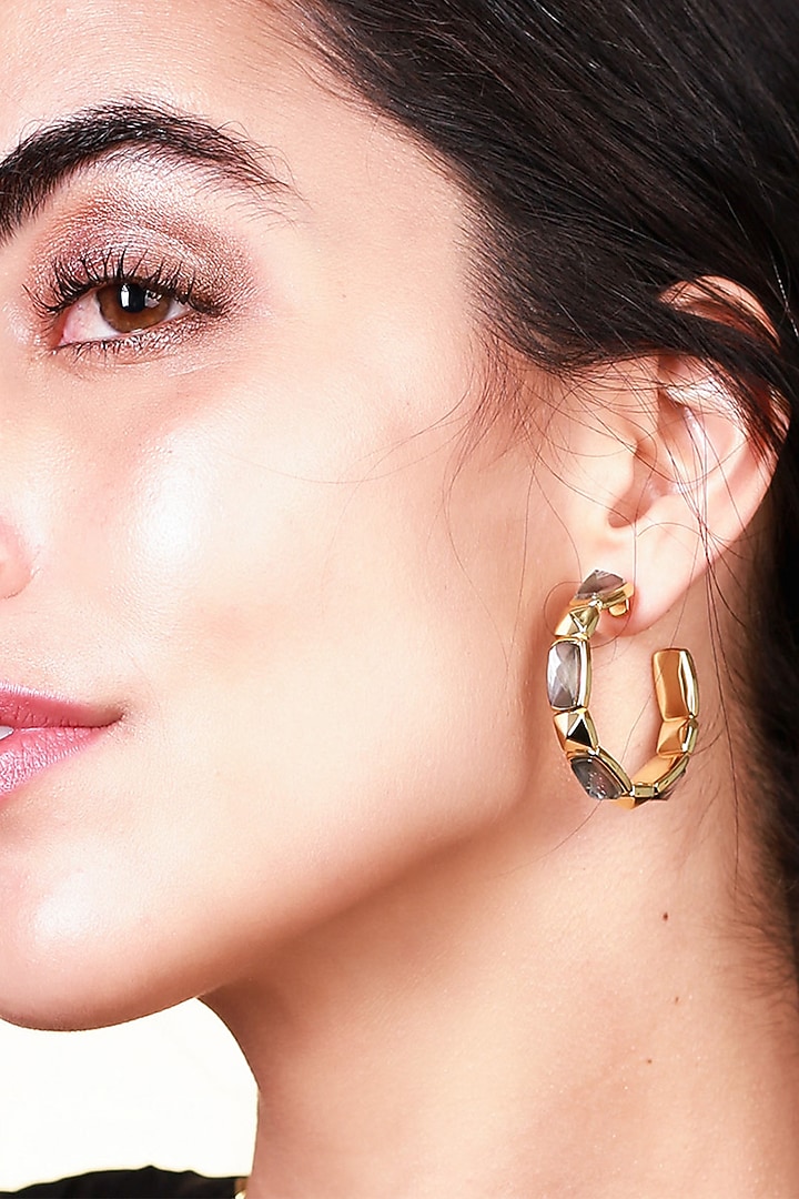 Gold Finish Black Mother Of Pearl Hoop Earrings by Isharya at Pernia's Pop Up Shop