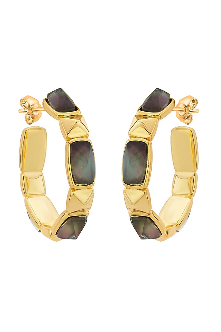 Gold Finish Black Mother Of Pearl Hoop Earrings by Isharya at Pernia's Pop Up Shop