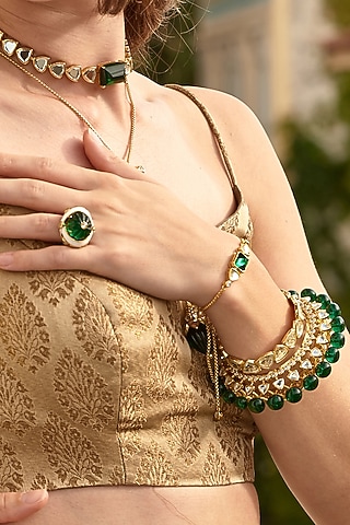Gold Finish Green Hydro Stone Cuff by Isharya