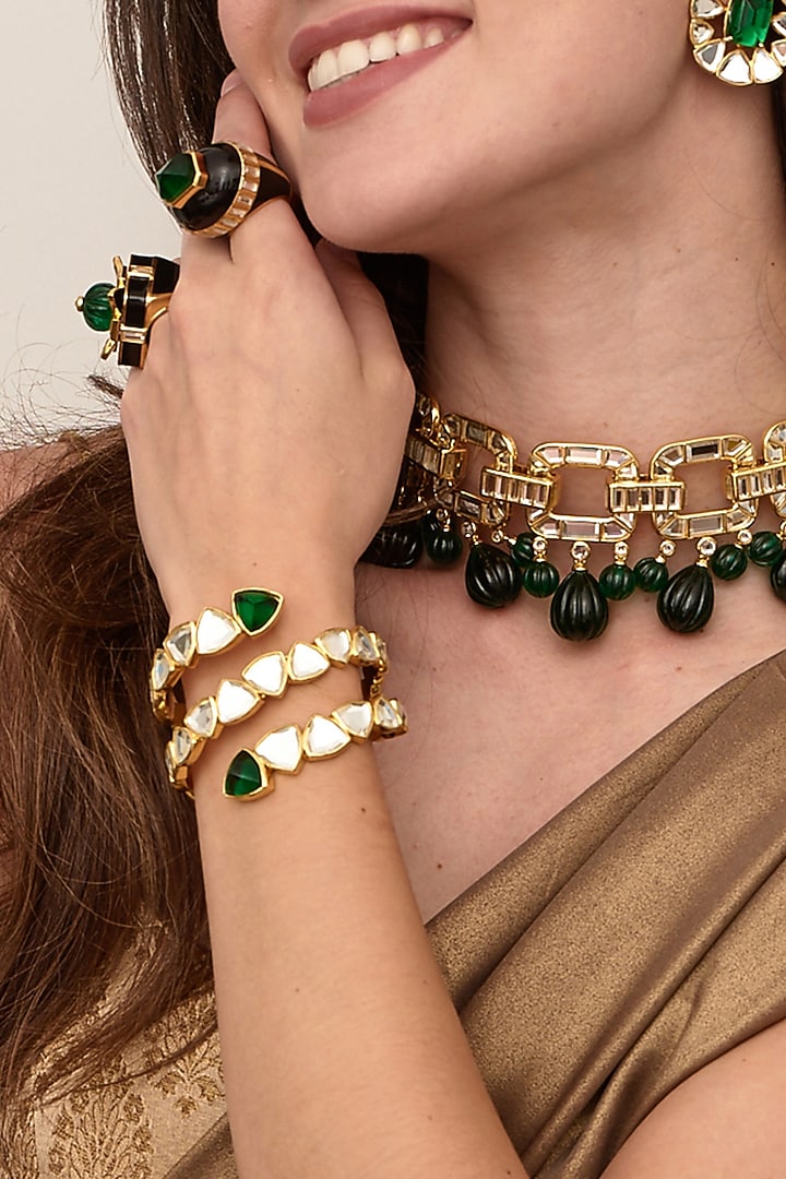 Gold Finish Green Hydro Stone Cuff by Isharya at Pernia's Pop Up Shop