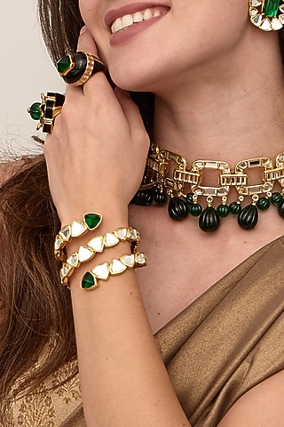 Gold Finish Green Hydro Stone Cuff by Isharya