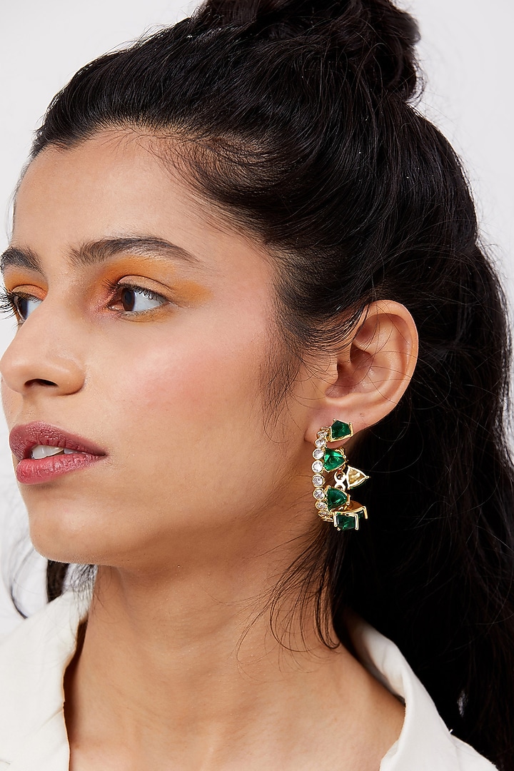 Gold Finish Hoop Earrings With Hydro Emeralds by Isharya at Pernia's Pop Up Shop