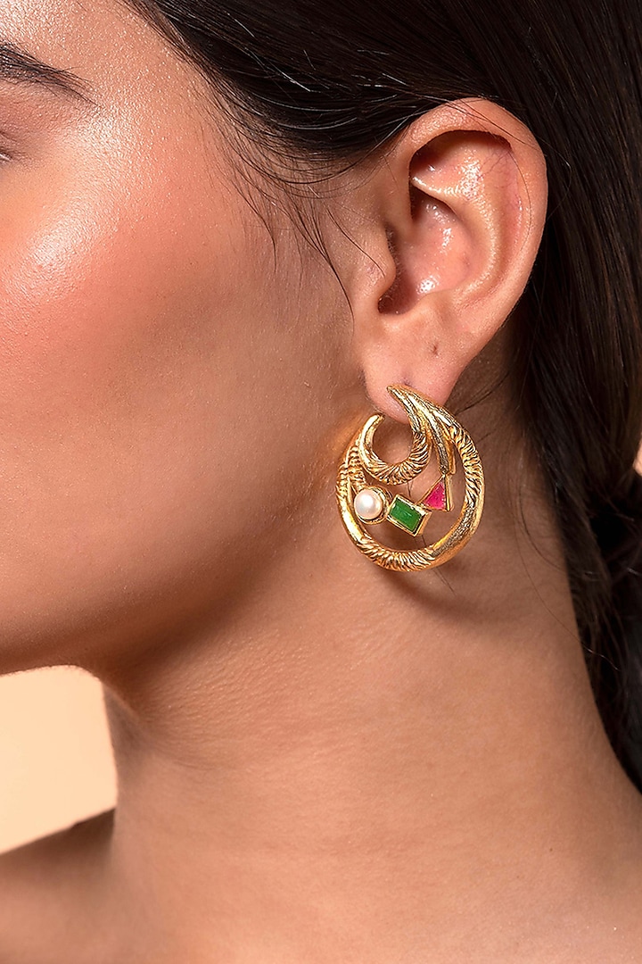 Gold Finish Crescent Moon Stud Earrings by Isharya