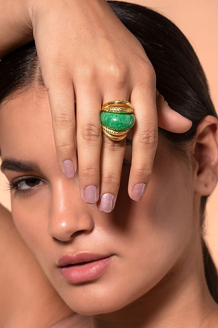 Gold Plated Jade Textured Ring by Isharya at Pernia's Pop Up Shop