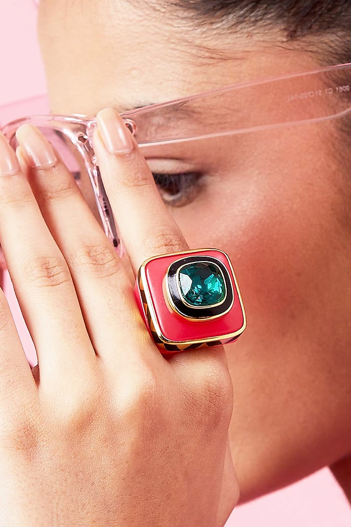 Gold Finish Enameled Resin Ring by Isharya at Pernia's Pop Up Shop