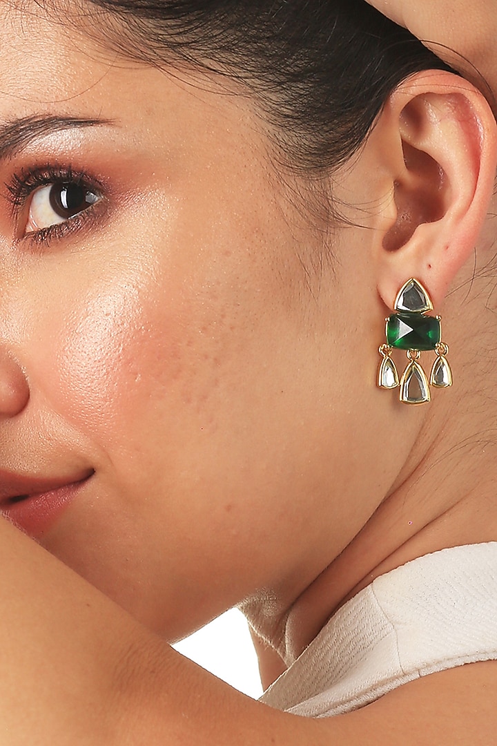 Gold Finish Mirror & Hydro Emerald Stud Earrings by Isharya at Pernia's Pop Up Shop