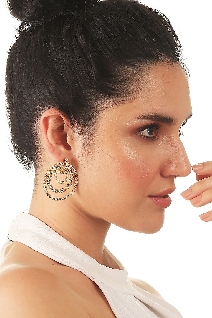 Gold Finish Cubic Zirconia Concentric Hoop Earrings by Isharya at Pernia's Pop Up Shop