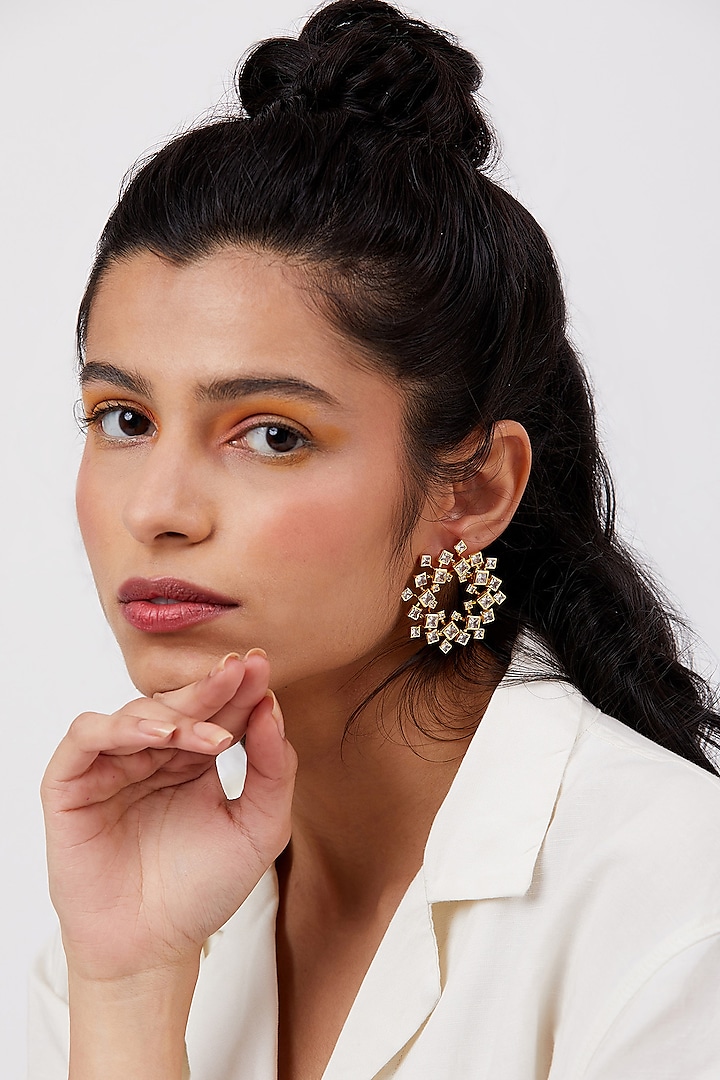 Gold Finish Cubic Zirconia Stud Earrings by Isharya