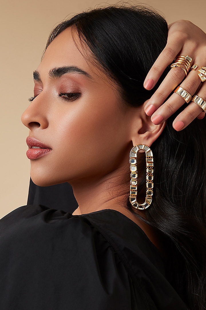 Gold Finish Oblong Disc Earrings by Isharya