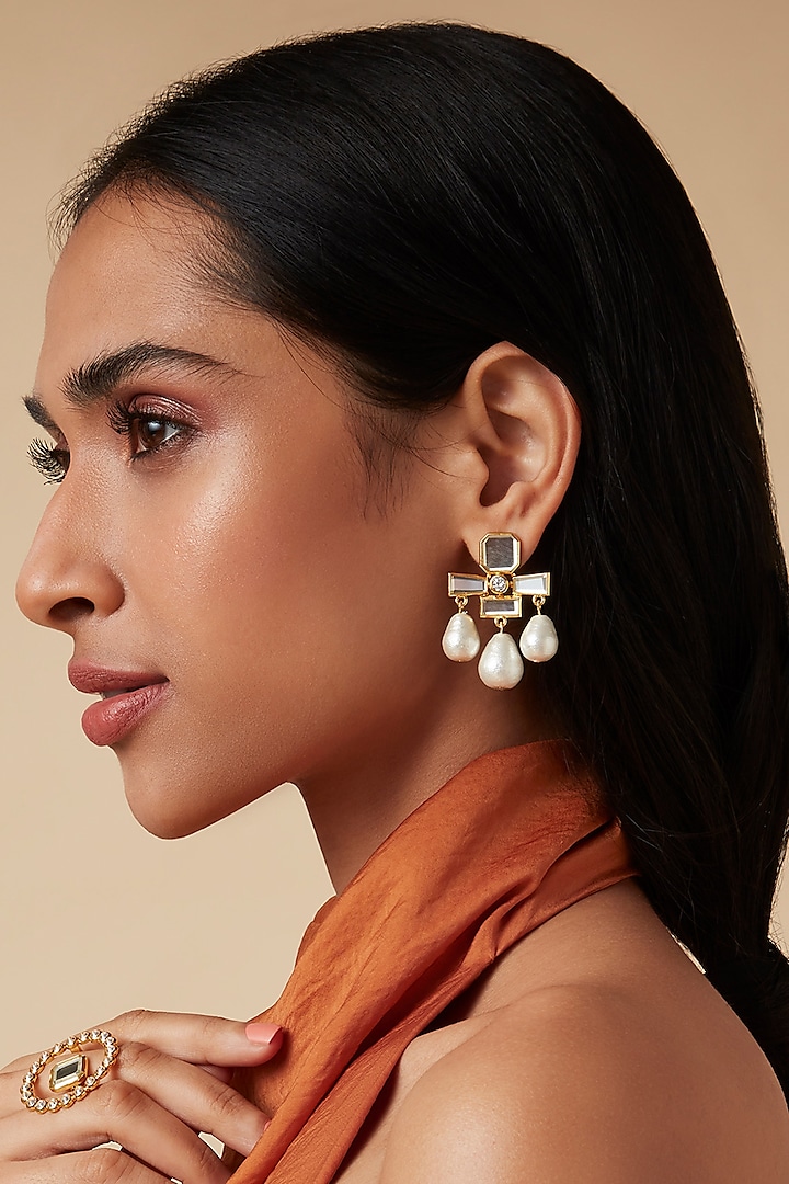 Gold Finish Earrings With Pearl Drops by Isharya