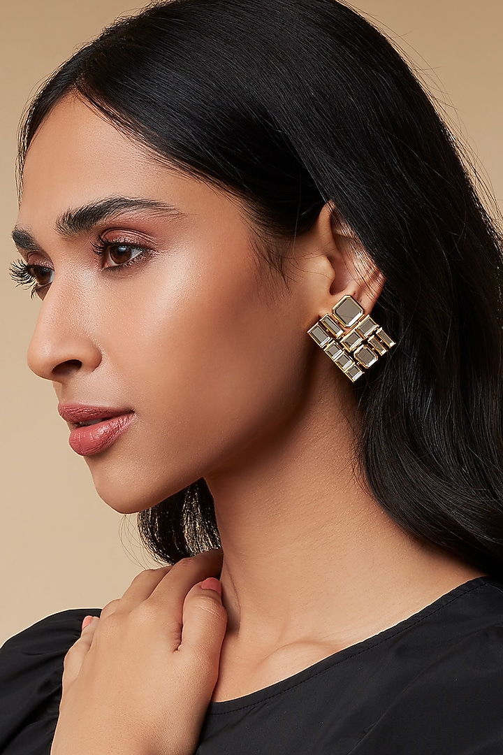 Gold Finish Square Stud Earrings by Isharya
