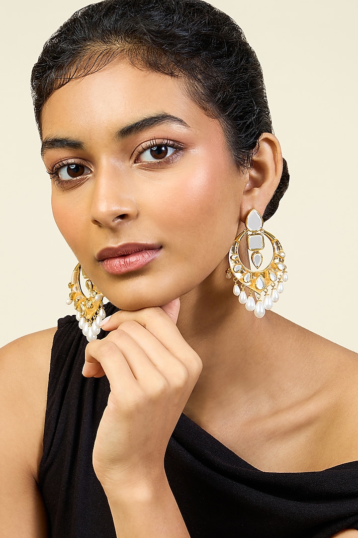 Gold Plated Pearl & Mirror Dangler Earrings by Isharya at Pernia's Pop Up Shop