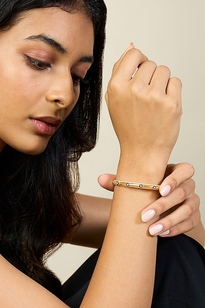 Gold Plated CZ White Enameled Rivet Cuff by Isharya at Pernia's Pop Up Shop