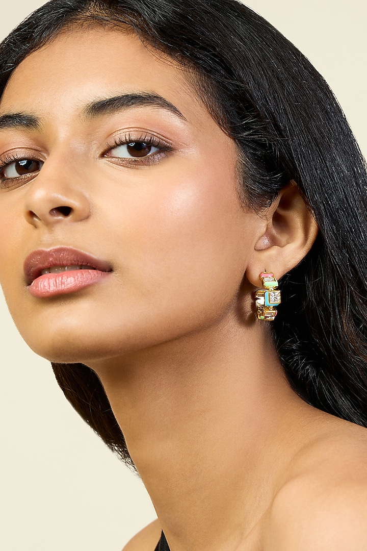 Gold Plated CZ Multi-Colored Enameled Square Hoop Earrings by Isharya at Pernia's Pop Up Shop