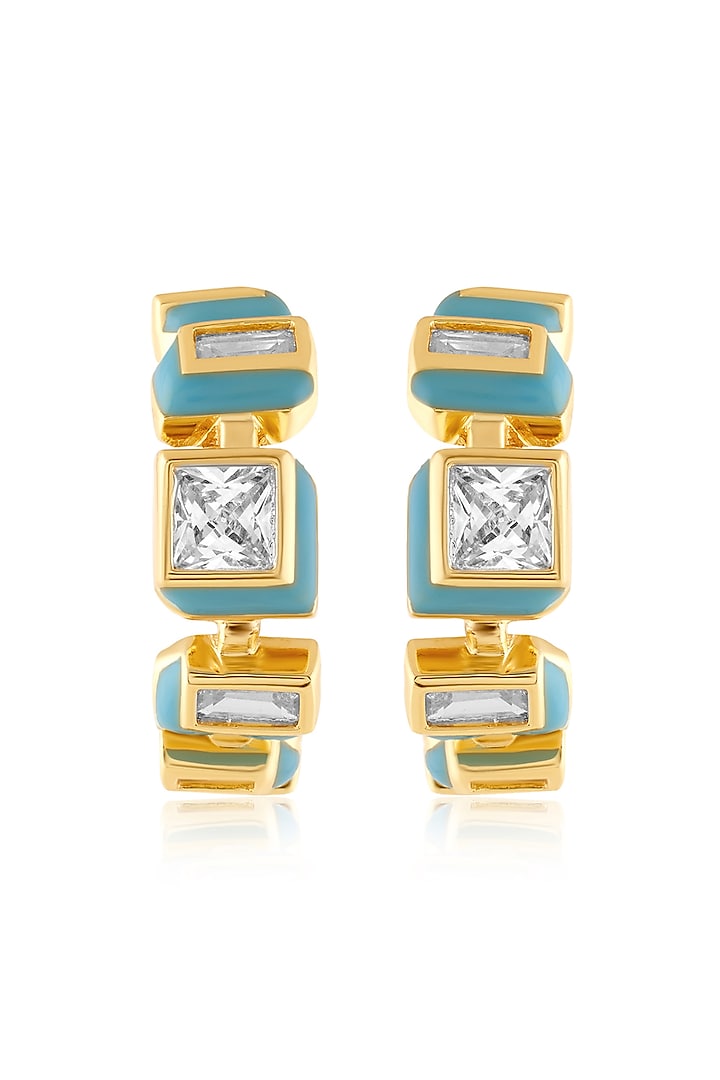 Gold Plated CZ Turquoise Enameled Square Hoop Earrings by Isharya at Pernia's Pop Up Shop