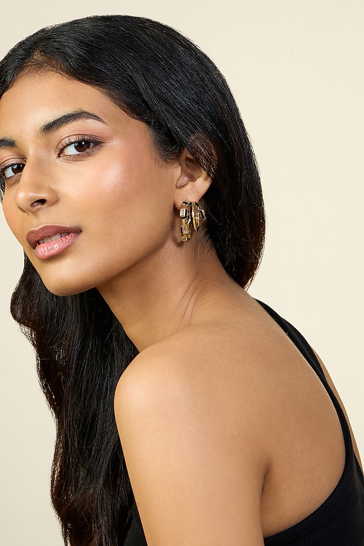 Gold Plated CZ Black Enameled Triple Hoop Earrings by Isharya at Pernia's Pop Up Shop