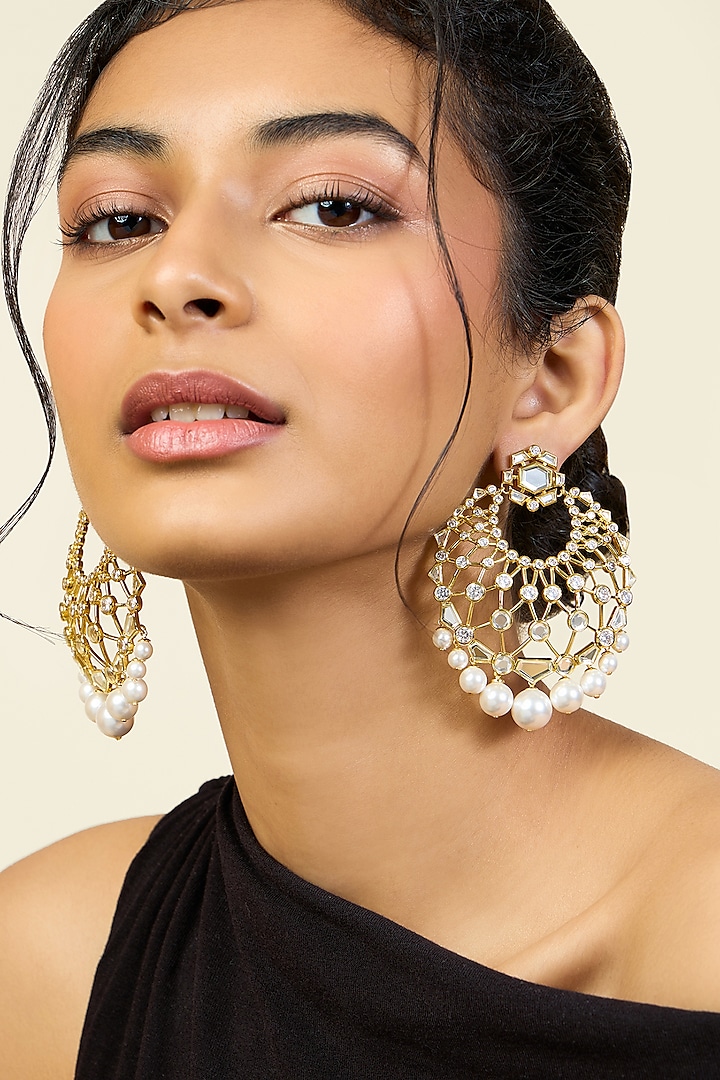 Gold Plated Pearl & Mirror Chandbali Earrings by Isharya at Pernia's Pop Up Shop