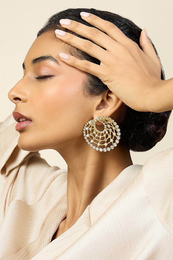 Gold Plated Pearl & CZ Stone Stud Earrings by Isharya at Pernia's Pop Up Shop