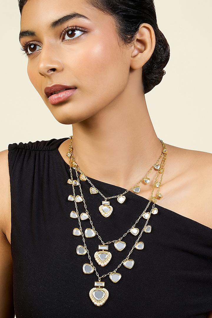 Gold Plated CZ Stone & Pearl Layered Necklace by Isharya at Pernia's Pop Up Shop