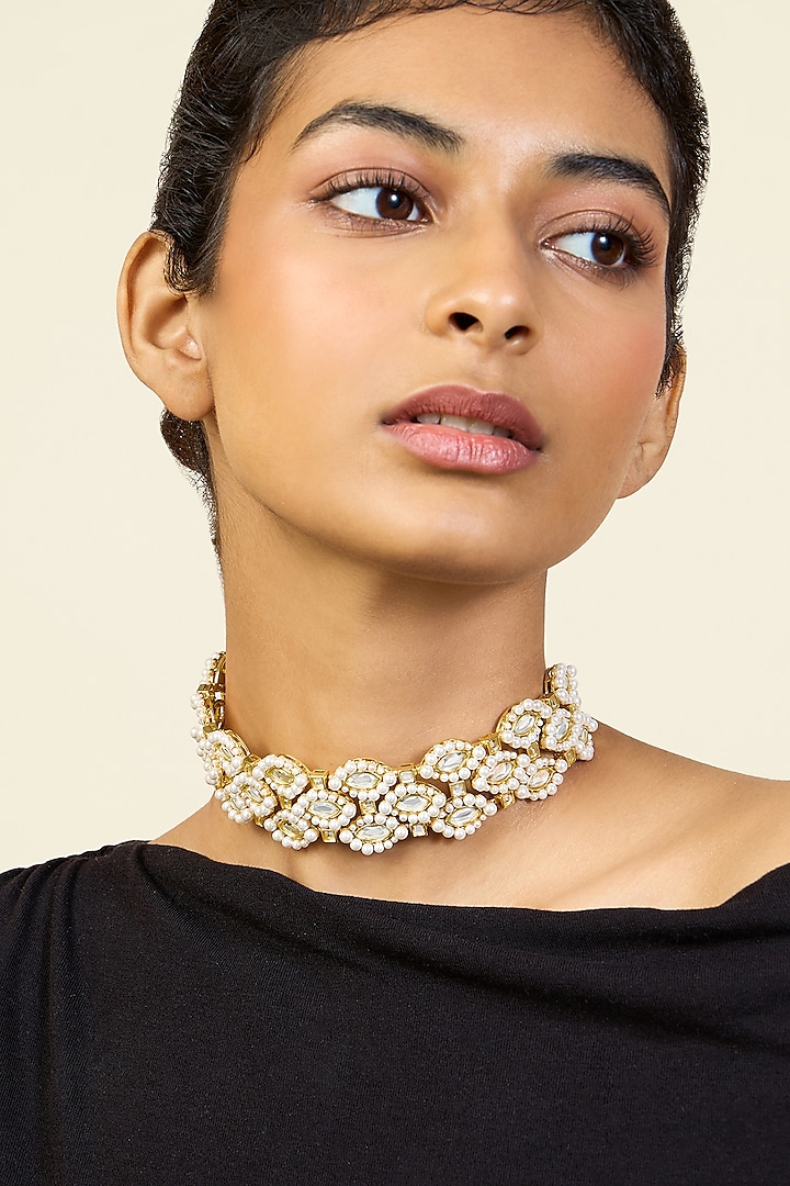 Gold Plated Mirror & Pearl Wide Choker Necklace by Isharya at Pernia's Pop Up Shop