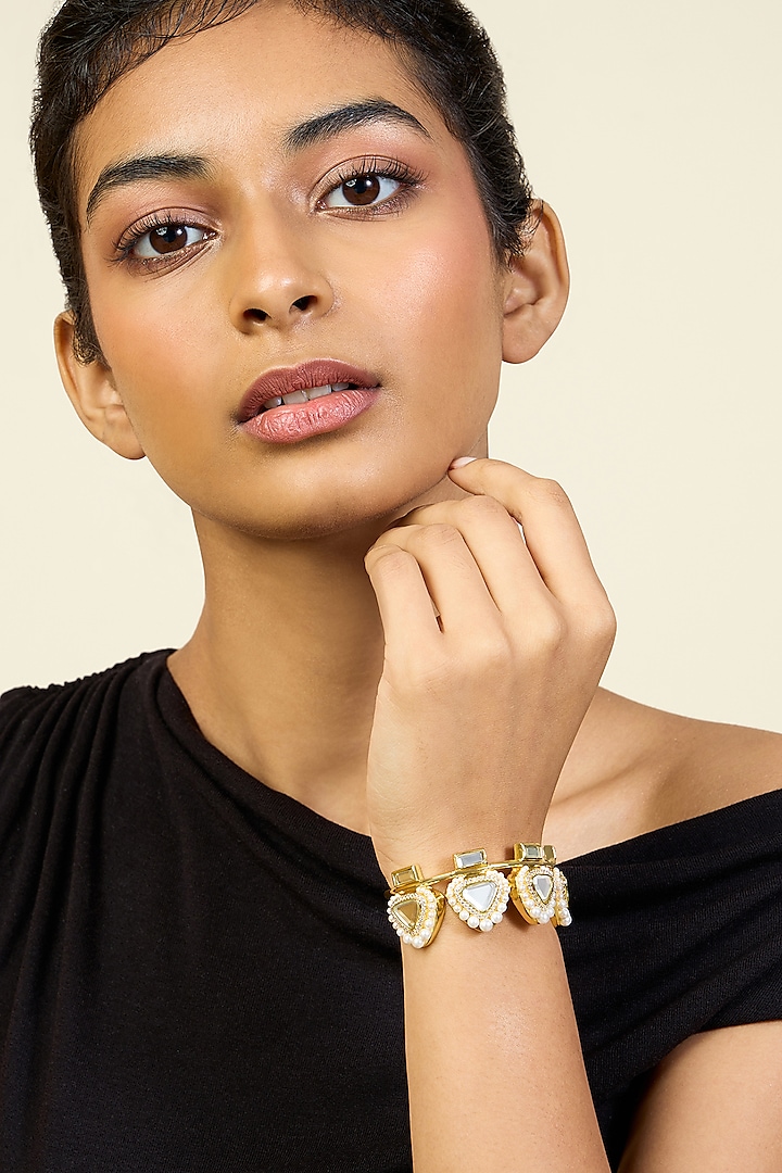 Gold Plated Pearl & CZ Stone Open Cuff by Isharya at Pernia's Pop Up Shop