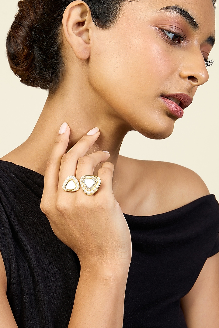 Gold Plated Pearl & CZ Stone Two-Finger Ring by Isharya at Pernia's Pop Up Shop