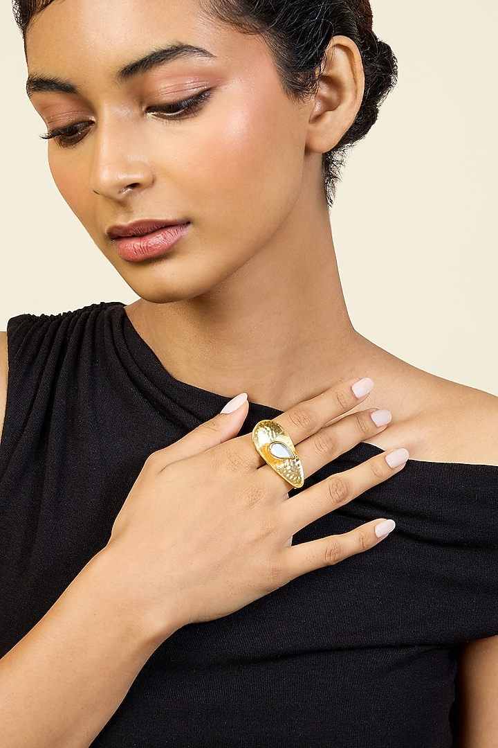 Gold Plated Pearl & CZ Stone Two-Finger Ring by Isharya at Pernia's Pop Up Shop