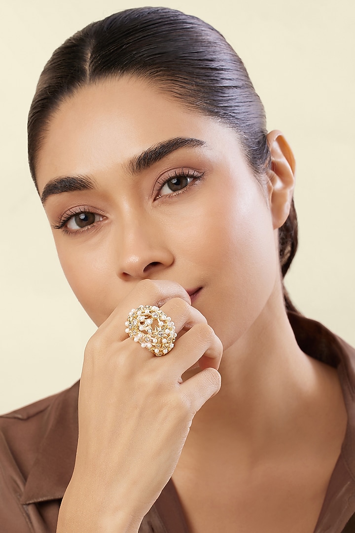 Gold Plated Crystal Zirconia & Pearl Ring by Isharya at Pernia's Pop Up Shop