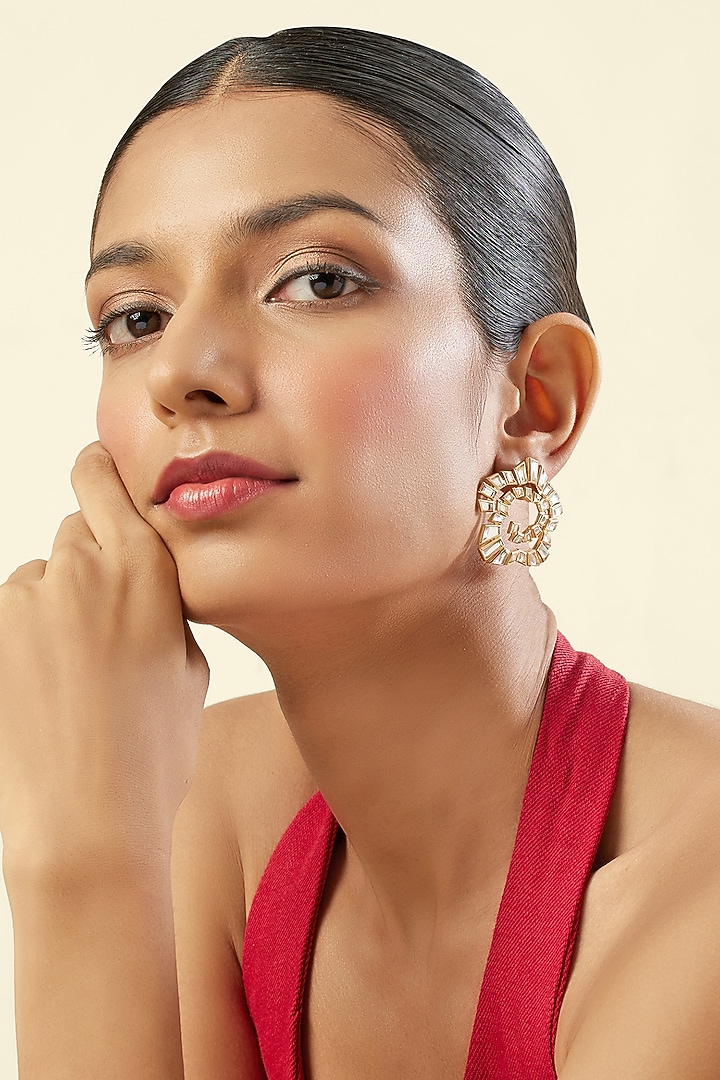 Gold Plated Mirror Work Stud Earrings by Isharya at Pernia's Pop Up Shop