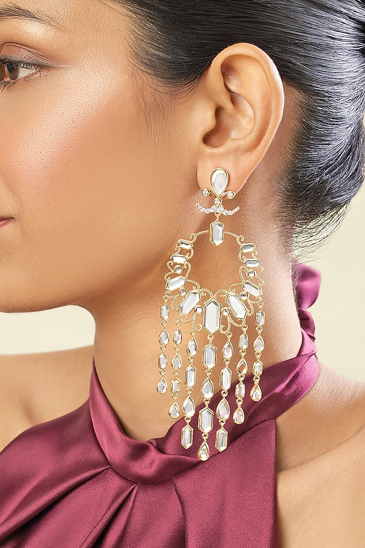 Gold Plated Mirror & Crystal Zirconia Chandbali Earrings by Isharya at Pernia's Pop Up Shop
