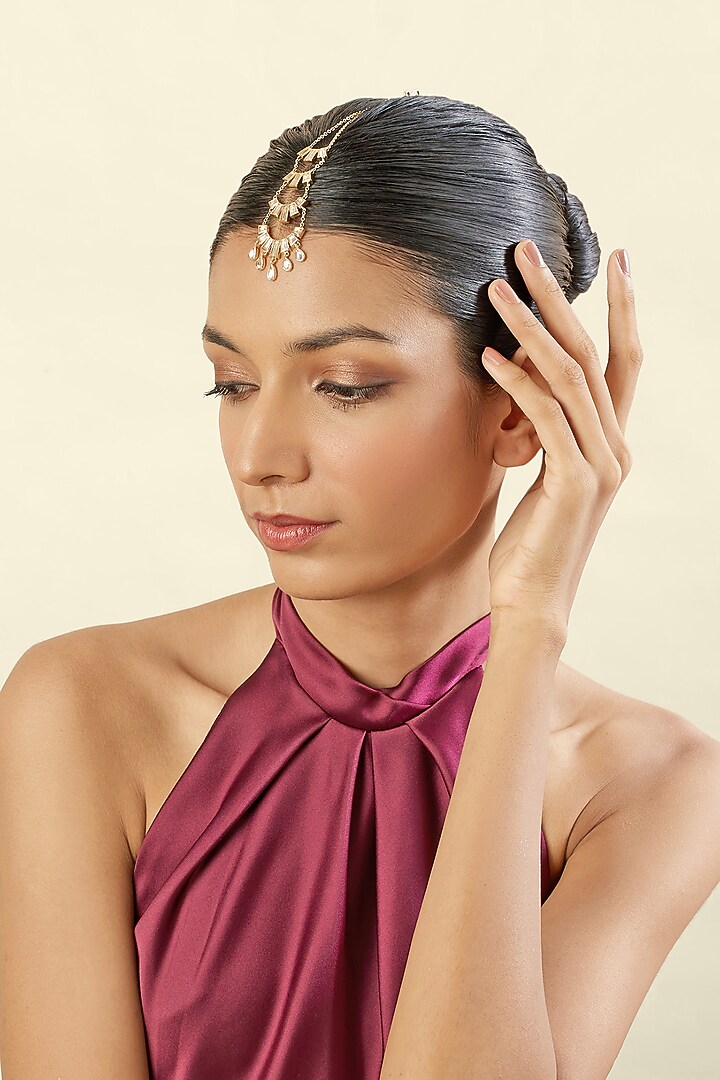 Gold Plated Hand-Cut Mirror Filigree Maangtikka by Isharya at Pernia's Pop Up Shop