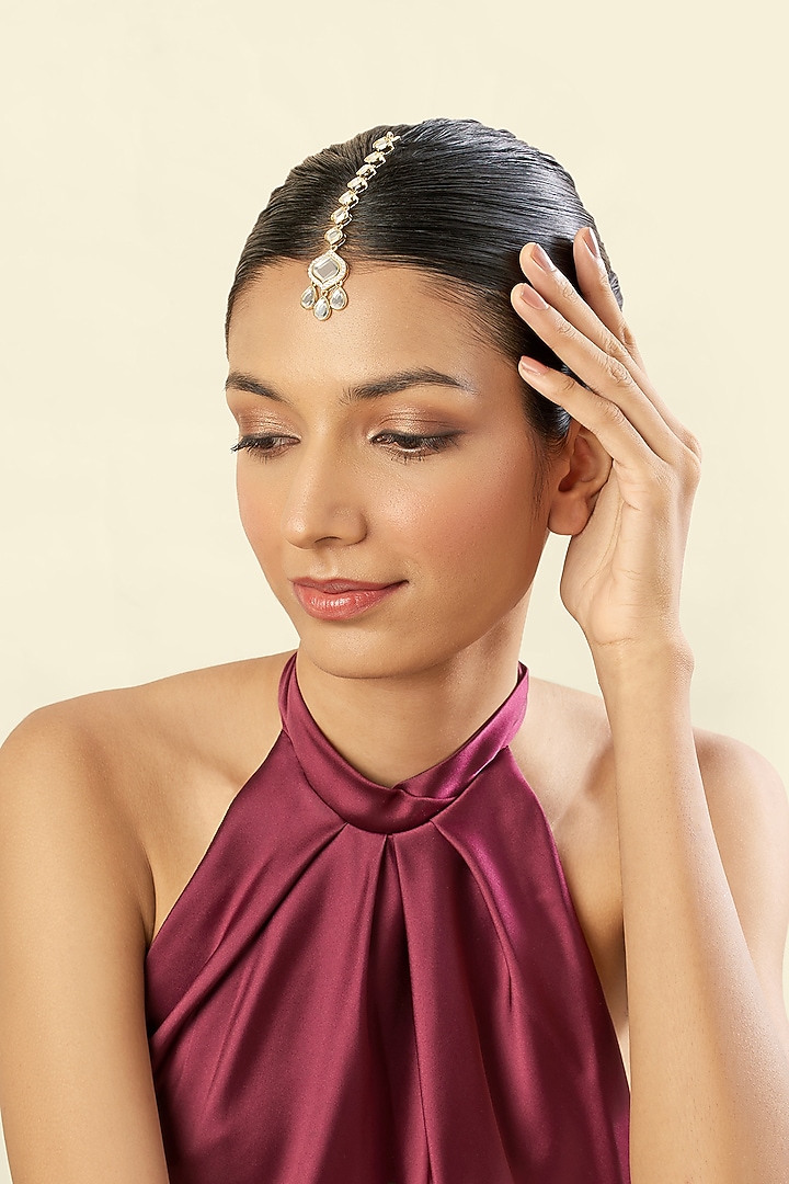 Gold Plated Hand-Cut Mirror & Crystal Zirconia Maangtikka by Isharya at Pernia's Pop Up Shop