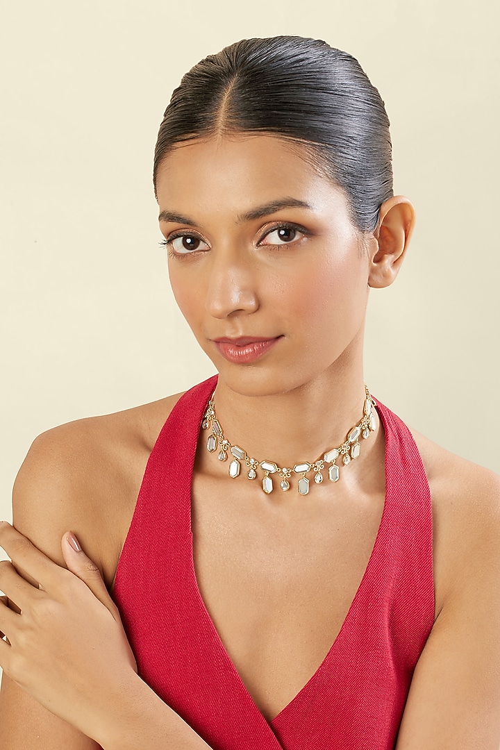 Gold Plated Hand-Cut Mirror & Crystal Zirconia Choker Necklace by Isharya at Pernia's Pop Up Shop