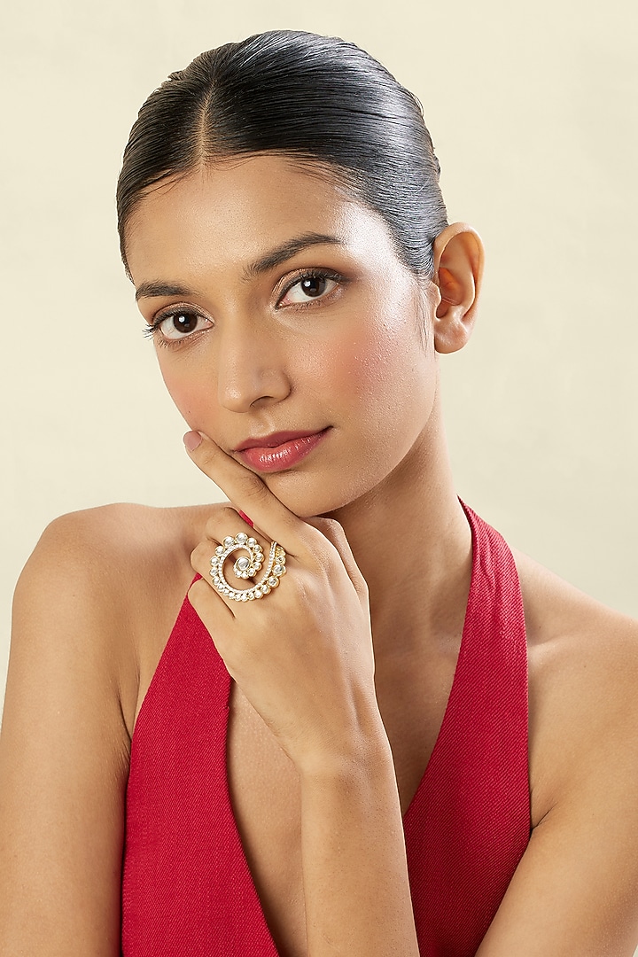 Gold Plated Hand-Cut Mirror & Crystal Zirconia Spiral Filigree Ring by Isharya at Pernia's Pop Up Shop