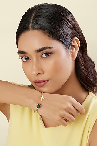Gold Plated Crystal Zircon & Cabochon Cuff Bracelet by Isharya