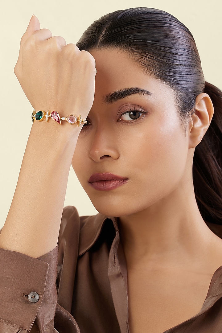 Gold Plated Crystal Zircon & Cabochon Cuff Bracelet by Isharya at Pernia's Pop Up Shop