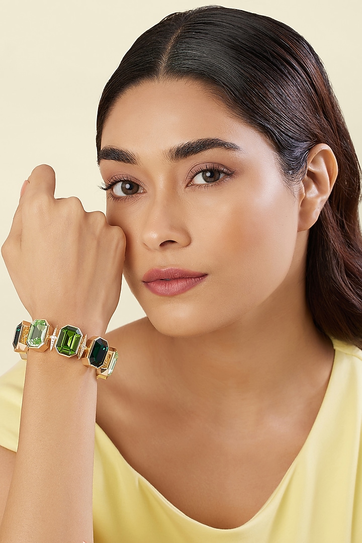 Gold Plated Green Crystal Zircon Cuff Bracelet by Isharya at Pernia's Pop Up Shop