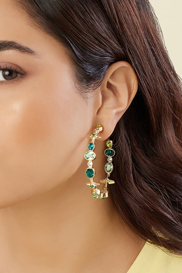 Gold Plated Green Gem Stone Hoop Earrings by Isharya at Pernia's Pop Up Shop