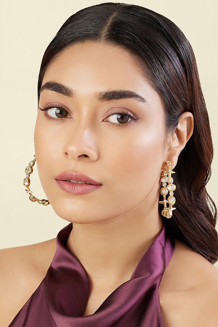 Gold Plated White Gem Stone Hoop Earrings by Isharya at Pernia's Pop Up Shop