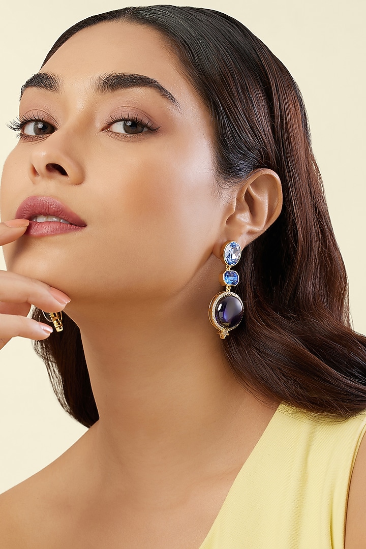 Gold Plated Blue Crystal Zirconia Dangler Earrings by Isharya at Pernia's Pop Up Shop