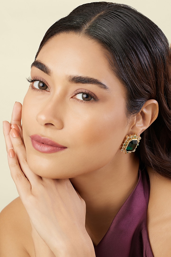 Gold Plated Green Crystal Zirconia Stone Stud Earrings by Isharya at Pernia's Pop Up Shop