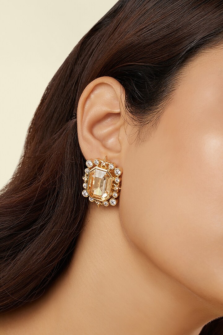 Gold Plated Crystal Zirconia Stone Stud Earrings by Isharya at Pernia's Pop Up Shop