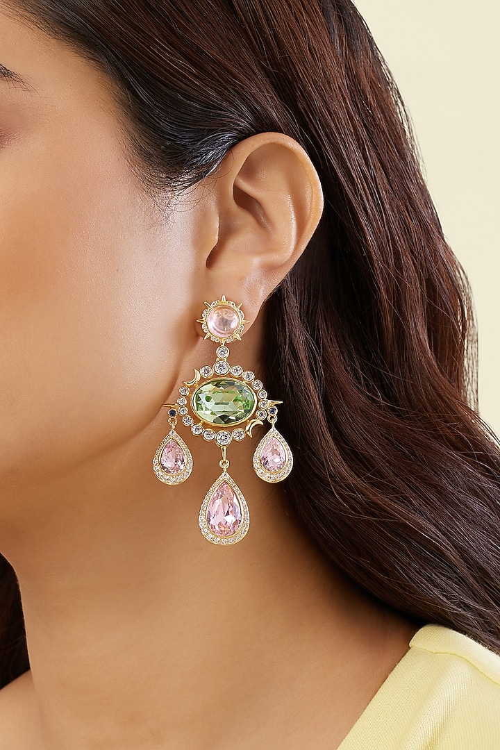 Gold Plated Crystal Zirconia & Cabochon Stone Dangler Earrings by Isharya at Pernia's Pop Up Shop