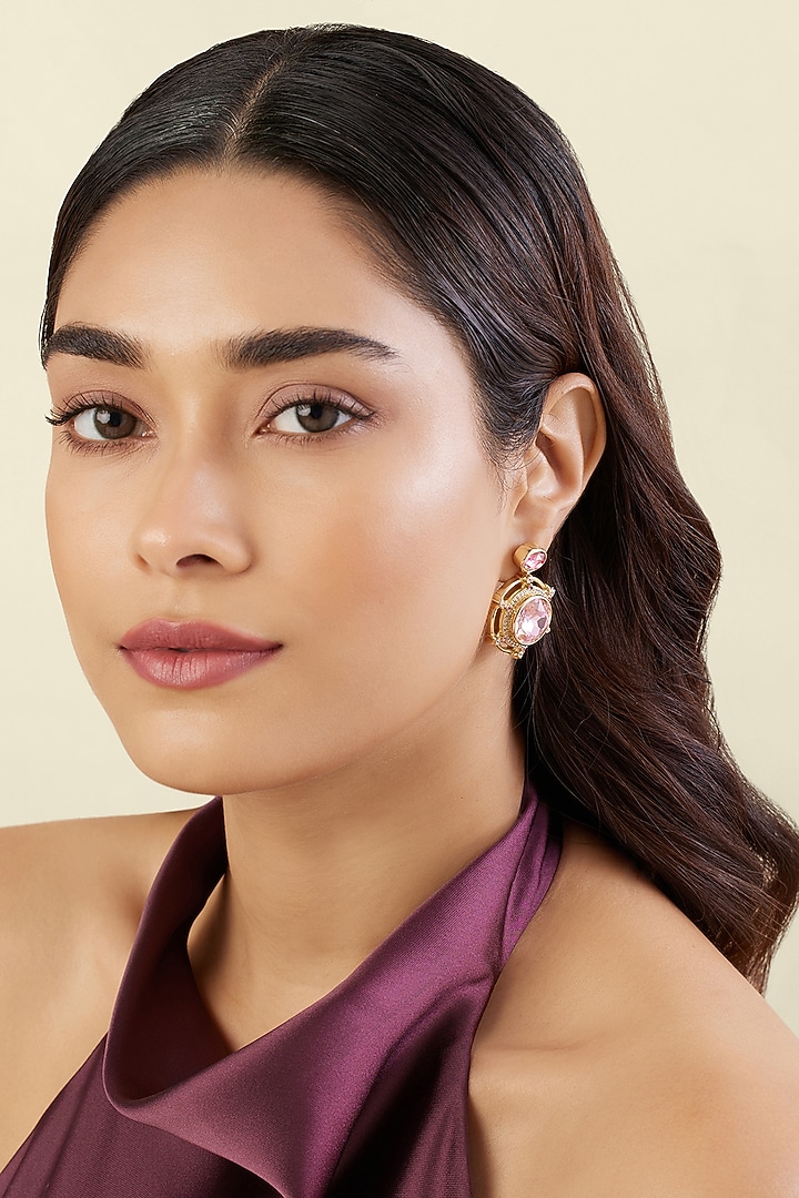 Gold Plated Pink Crystal Zirconia Dangler Earrings by Isharya at Pernia's Pop Up Shop