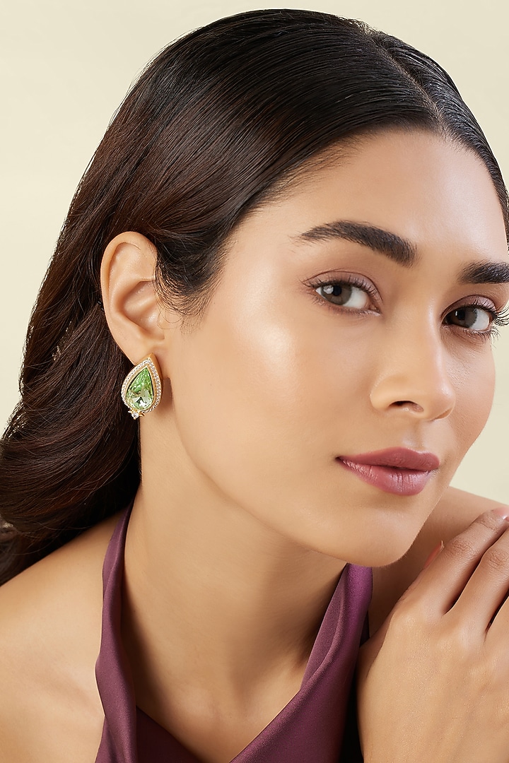Gold Plated Green Crystal Zirconia Stud Earrings by Isharya at Pernia's Pop Up Shop