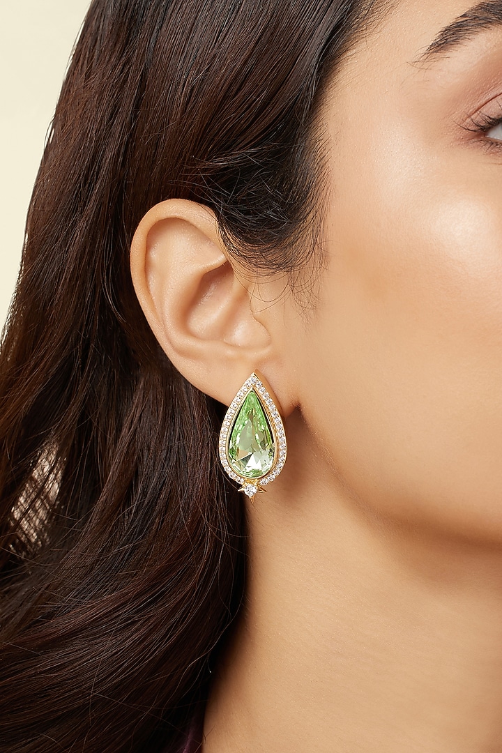 Gold Plated Green Crystal Zirconia Stud Earrings by Isharya at Pernia's Pop Up Shop