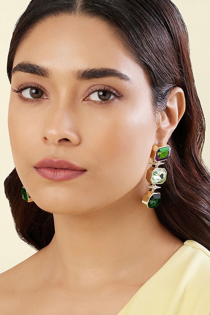 Gold Plated Green Crystal Zirconia Dangler Earrings by Isharya at Pernia's Pop Up Shop