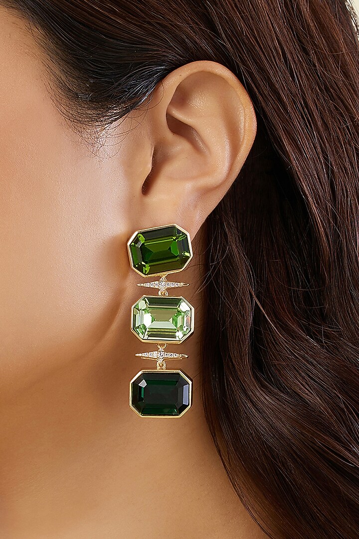 Gold Plated Green Crystal Zirconia Dangler Earrings by Isharya at Pernia's Pop Up Shop