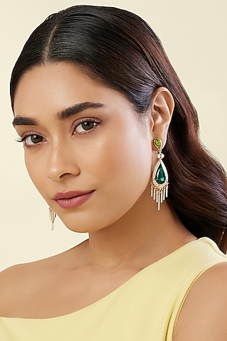 Gold Plated Green Crystal Zirconia Dangler Earrings by Isharya